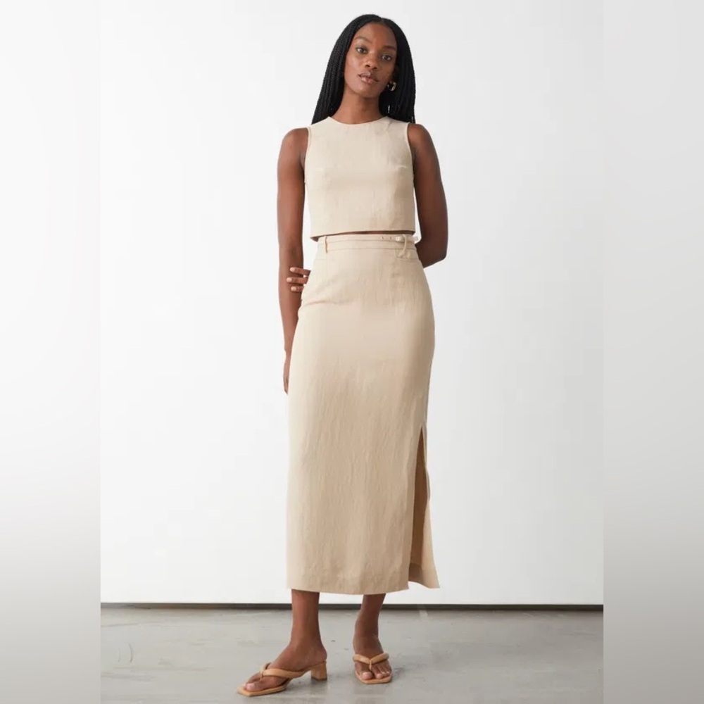 NEW & Other Stories Tan Midi Skirt; Silk & Linen Blend